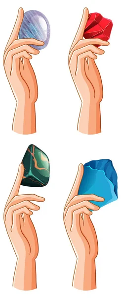 Set Human Hands Healing Crystals Illustration — Vetor de Stock