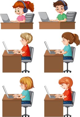 Cartoon Kids Using Laptops for Online Learning illustration