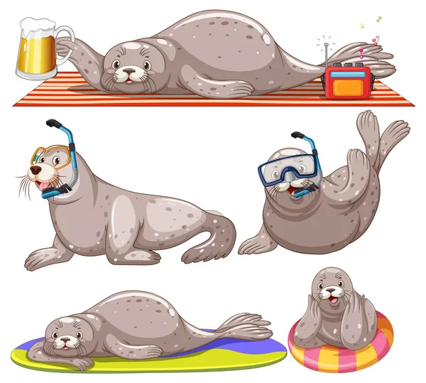 Seal Cartoon Characters Sommer Thema Illustration — Stockvektor