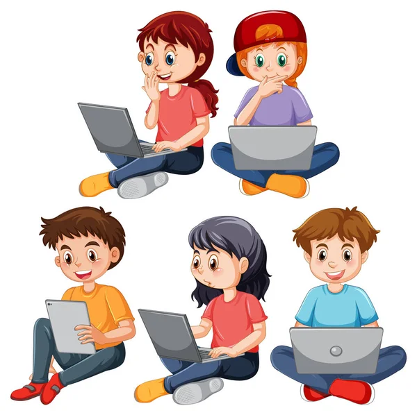 Set Children Using Laptop Illustration — Stock Vector
