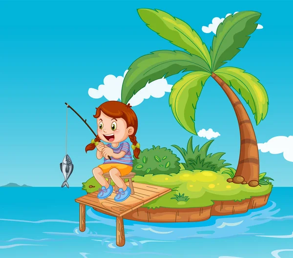 Šťastná Dívka Rybaření Malém Ostrově Ilustrace — Stockový vektor