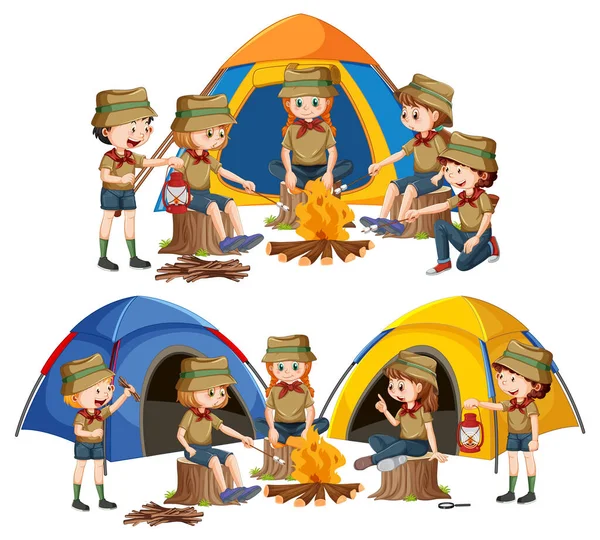 Conjunto Crianças Apreciando Ilustração Camping — Vetor de Stock