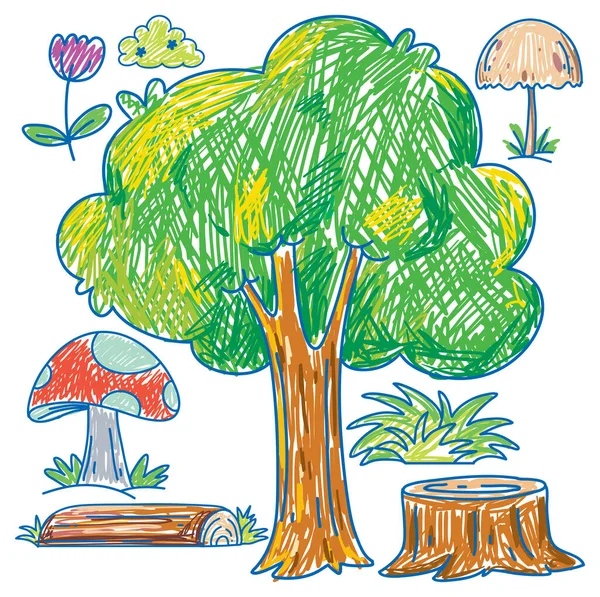 Set Nature Plants Element Scribble Style Illustration — Stock Vector