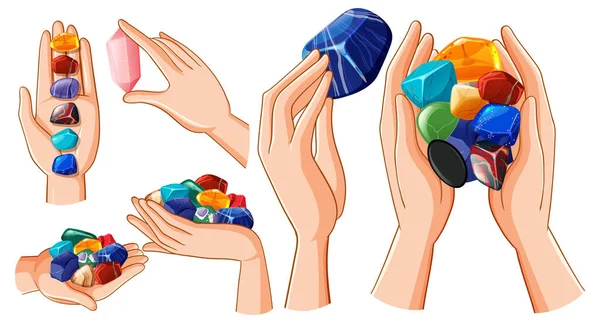 Set Human Hands Healing Crystals Illustration —  Vetores de Stock