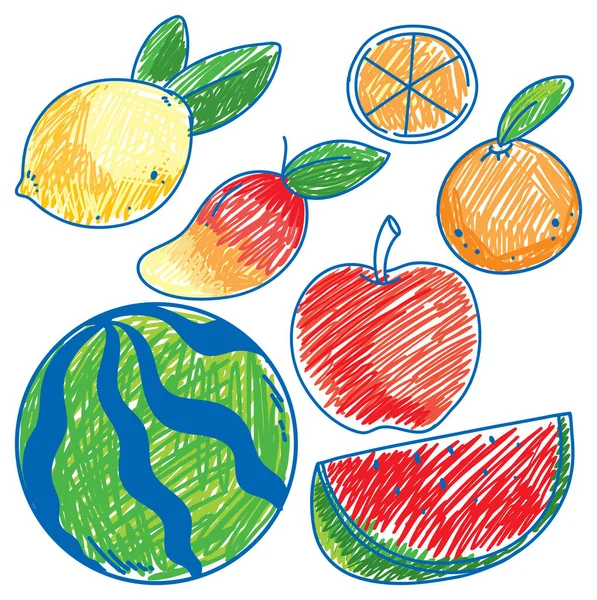 Set Van Fruit Krabbel Stijl Illustratie — Stockvector