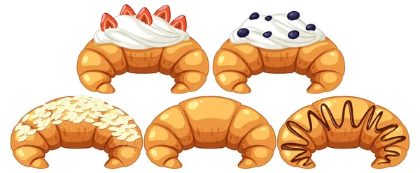 Diferentes Deliciosos Croissants Colección Ilustración — Vector de stock