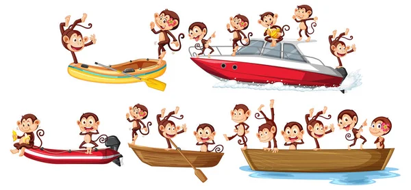 Set Scimmie Sull Illustrazione Della Barca — Vettoriale Stock