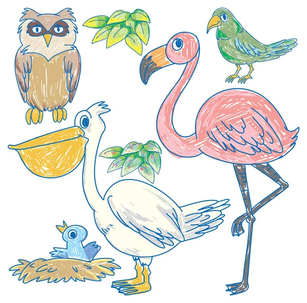 Set Bird Cartoon Scribble Style Illustration — Stock Vector