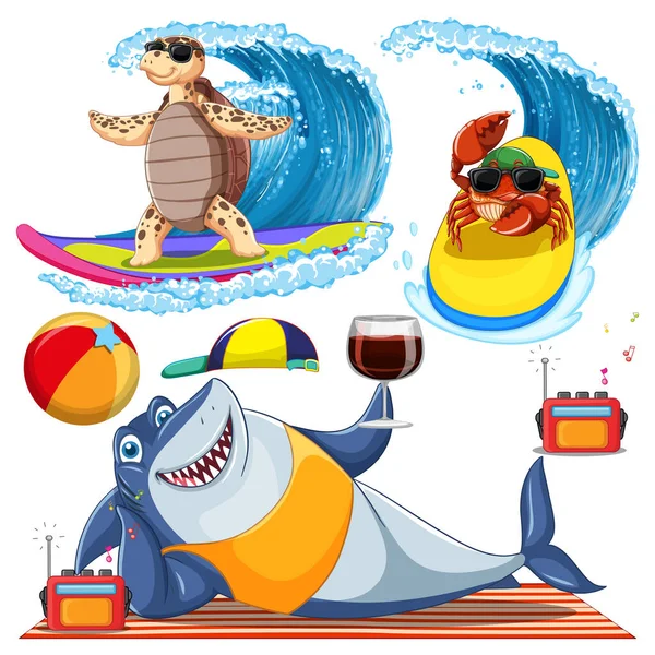 夏季插图中的一组海洋生物卡通人物 — 图库矢量图片