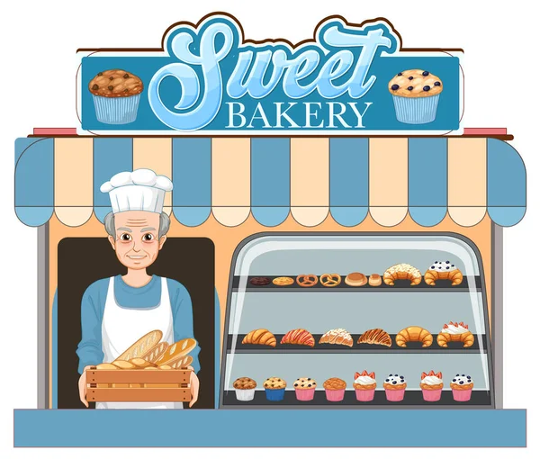 Bakery Shop Facade Baker Man Illustration — Vetor de Stock