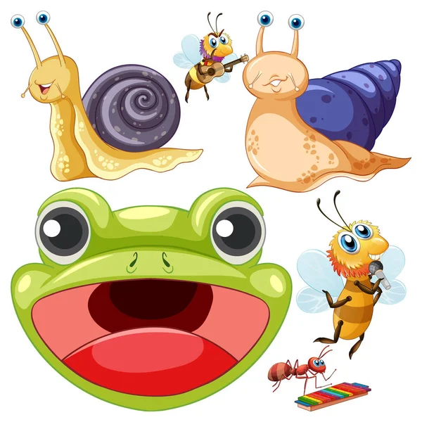 Žába Různými Hmyzem Set Ilustrace — Stockový vektor