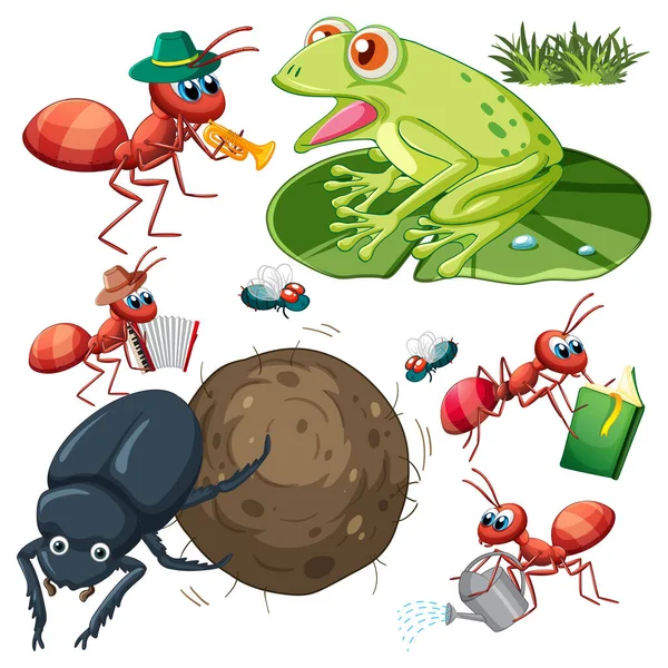 Çeşitli Böcekleri Olan Bir Kurbağa Çizim Yapar — Stok Vektör