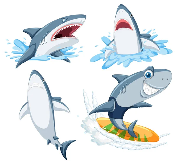 Shark Doing Different Activities Cartoon Characters Illustration - Stok Vektor