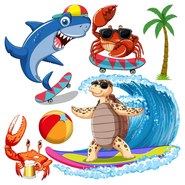 Conjunto Criaturas Del Mar Personaje Dibujos Animados Ilustración Verano — Vector de stock