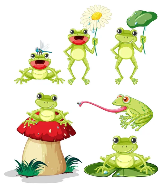 Gülümseyen Yeşil Kurbağa Çizgi Film Karakterleri Çizimi — Stok Vektör