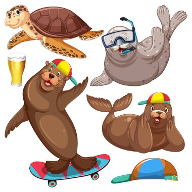 Yaz illüstrasyonunda bir dizi deniz yaratığı çizgi film karakteri