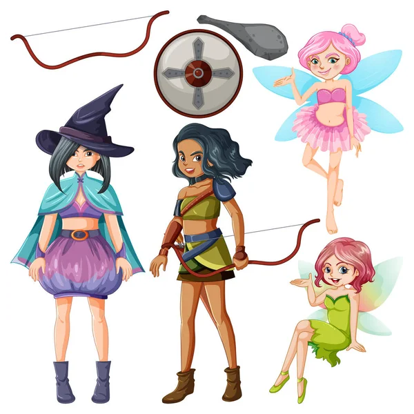 Conjunto Fantasia Encantado Personagens Desenhos Animados Ilustração —  Vetores de Stock