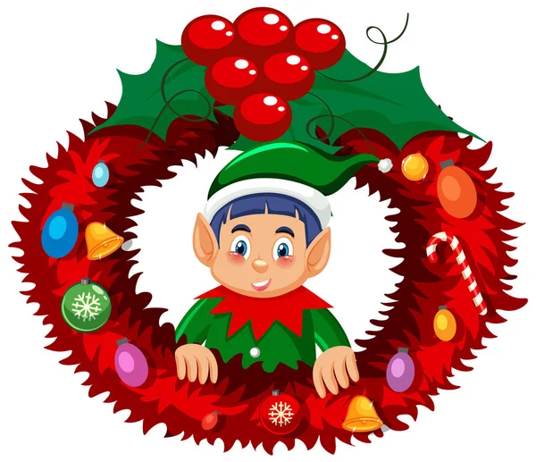 Elfo Ghirlanda Natale Stile Cartone Animato Illustrazione — Vettoriale Stock