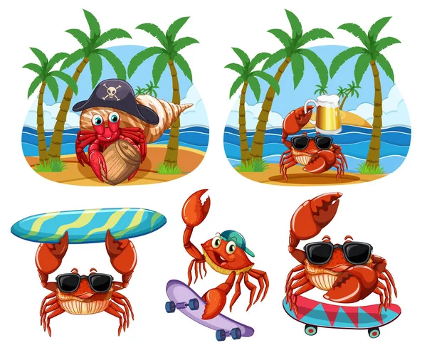 夏季主题图解中有趣的螃蟹卡通人物 — 图库矢量图片