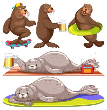 Yaz illüstrasyonunda fok çizgi film karakteri seti