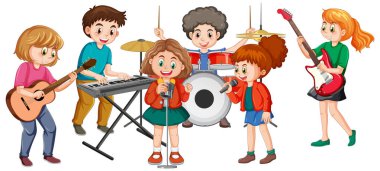 Müzik aletleri çizen mutlu çocuklar.