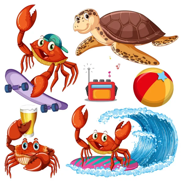 Set Von Meereswesen Cartoon Figur Sommer Illustration — Stockvektor