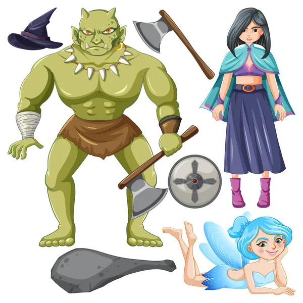 Conjunto Personajes Dibujos Animados Encantados Fantasía Ilustración — Vector de stock