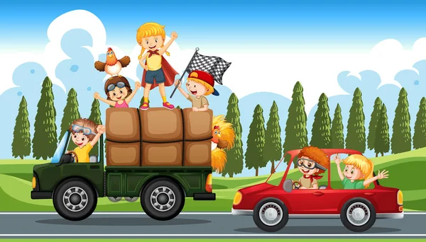 Happy Kids Enjoy Driving Car Illustration — Stock Vector