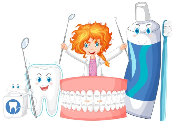 Lächelnder Zahnarzt Und Dentalelemente Vektor Set Illustration — Stockvektor