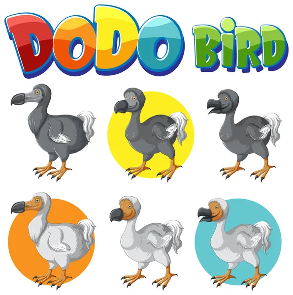 Dodo Uccello Estinzione Animale Cartone Animato Logo Set Illustrazione — Vettoriale Stock