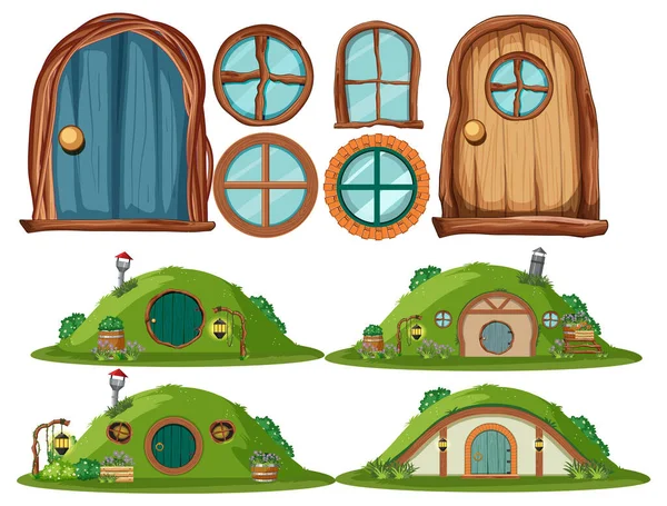 Set Hobbit House Seperate Door Window Illustration — Vettoriale Stock