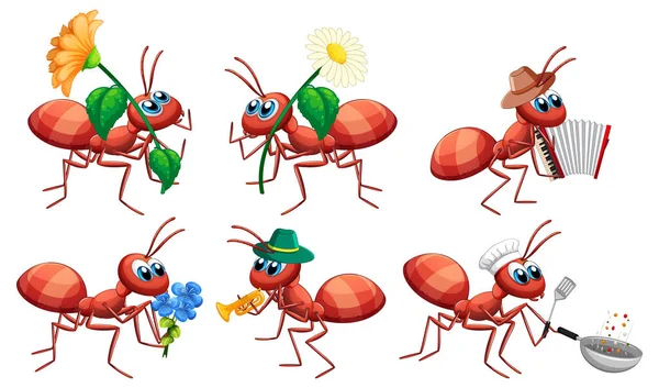 Formigas Bonitos Fazendo Diferentes Atividades Ilustração —  Vetores de Stock