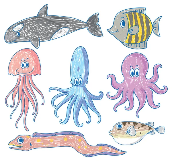 海の生き物のシンプルな子供たちの落書きイラスト — ストックベクタ
