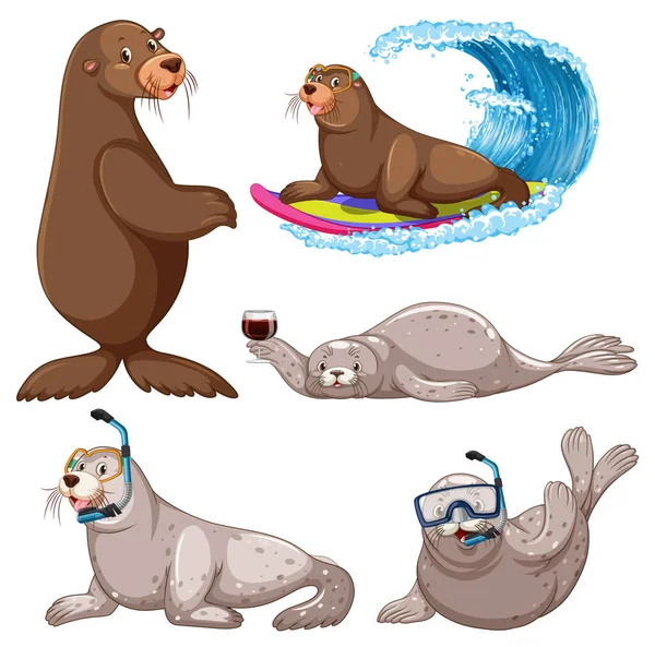 夏のテーマイラストで海ライオンとシール漫画のキャラクター — ストックベクタ