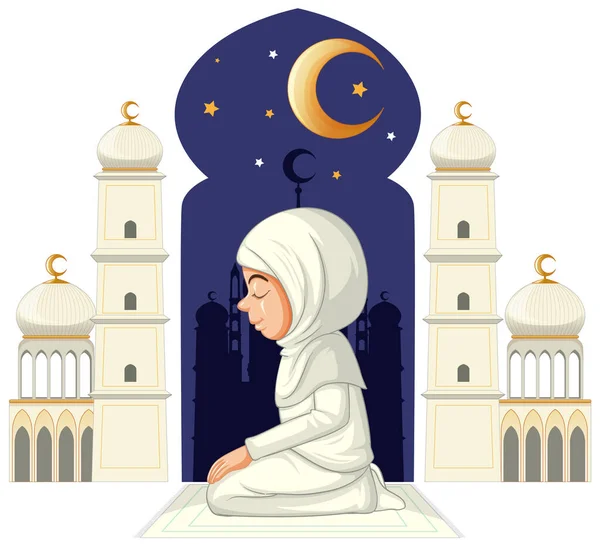 Arabo Musulmano Ragazza Pregando Con Mezzaluna Luna Illustrazione — Vettoriale Stock