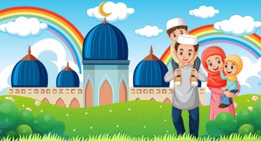 Çizgi film tarzında Müslüman Aile