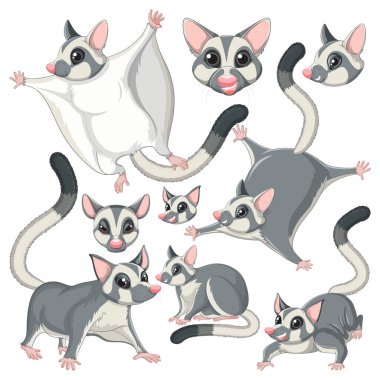 Kafa ve yüz ifadesi çizimi olan bir şeker planörü karakteri kümesi