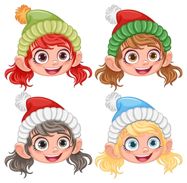 ポムポムポムポム漫画のキャラクターイラストと冬の帽子のかわいい女の子 — ストックベクタ