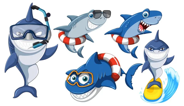 Tubarão Fazendo Diferentes Atividades Desenhos Animados Personagens Ilustração — Vetor de Stock