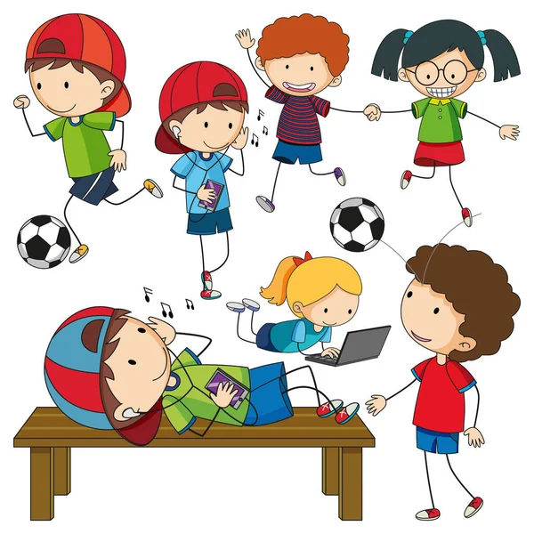 Fun Doodle Kids Doen Diverse Activiteiten Illustratie — Stockvector