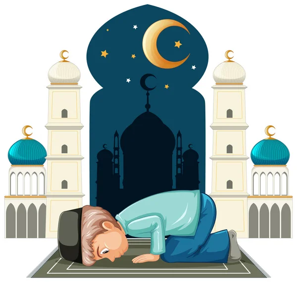 Иллюстрация Мусульманского Мальчика Молящегося Стиле Мультфильма — стоковый вектор