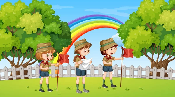 Scout Kids Hiking Forest Illustration — Stock Vector