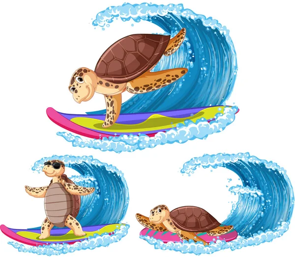 Sea Turtle Cartoon Characters Summer Theme Illustration — 스톡 벡터