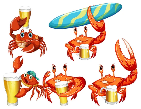 Funny Crab Cartoon Characters Summer Theme Illustration — Stock Vector