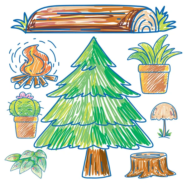自然と植物の要素スクリブルスタイルのイラストのセット — ストックベクタ