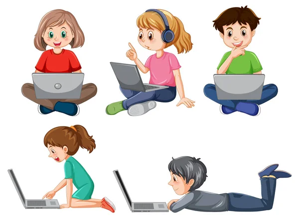 Set Children Using Laptop Illustration — Stock Vector