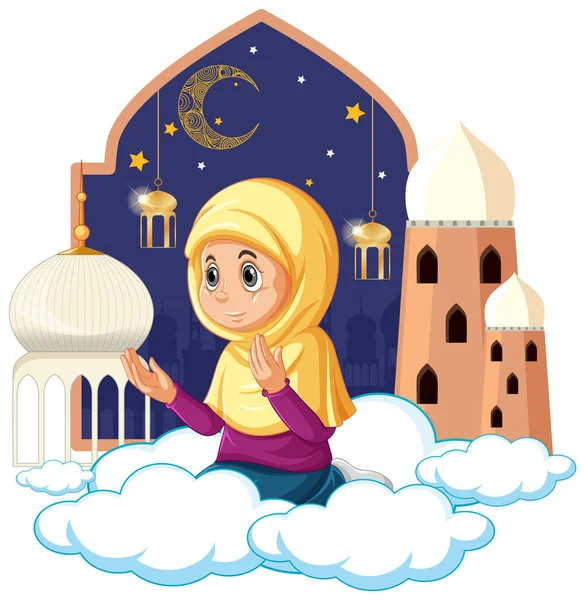 Arabo Musulmano Ragazza Pregando Cartone Animato Personaggio Illustrazione — Vettoriale Stock
