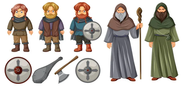 Conjunto Ilustração Personagem Desenho Animado Medieval — Vetor de Stock