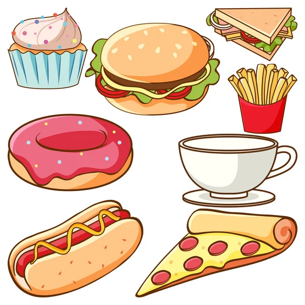 Conjunto Fast Food Desenho Animado Ilustração — Vetor de Stock