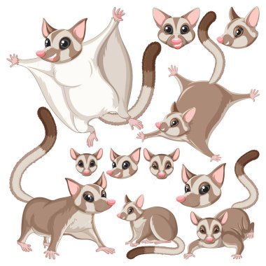 Kafa ve yüz ifadesi çizimi olan bir şeker planörü karakteri kümesi